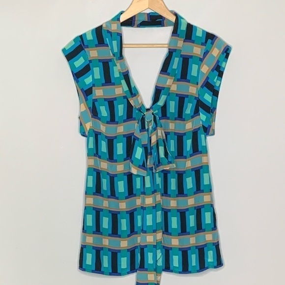Tracy Reese Silk Geometric Low Back Blouse Blue XS - Picture 2 of 12
